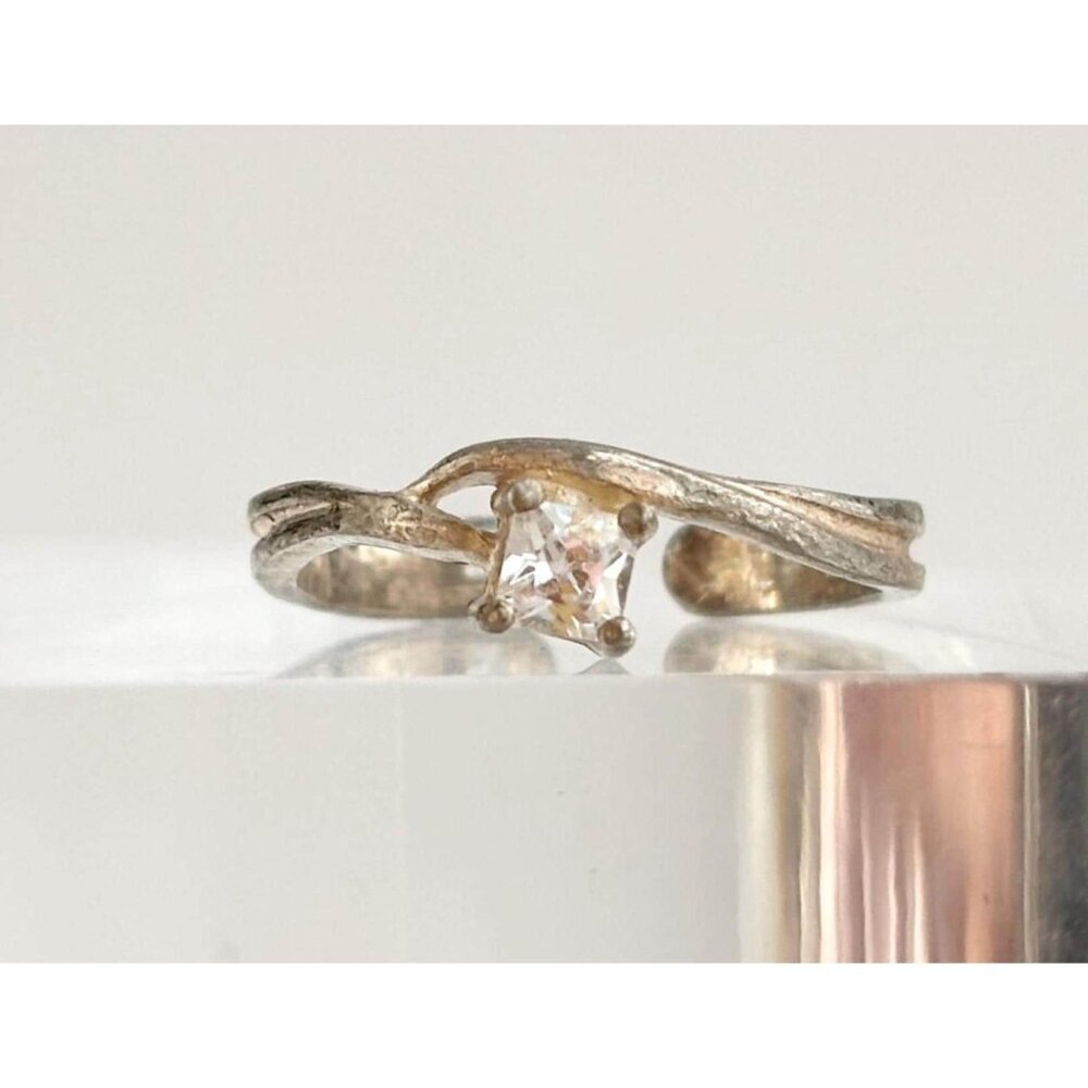 Cubic Zirconia Solitaire Open Shank 925 Sterling Silver Vintage Ring - sz 3.25